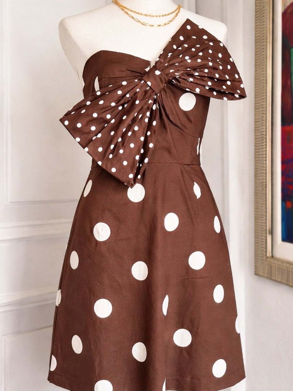 Anthropologie Strapless Brown Polka Dot Dress with Oversized Bow